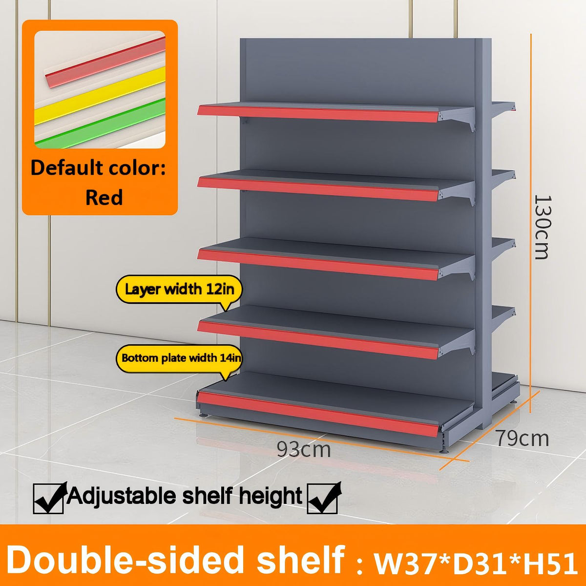 Black double-sided gondola shelving dimension diagram: W37 × D31 × H51 inches