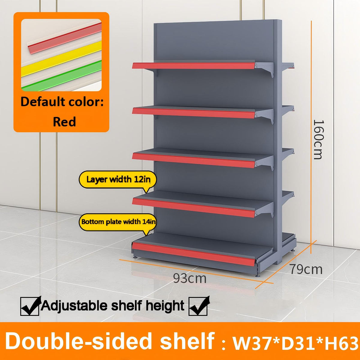 Black double-sided gondola shelving dimension diagram: W37 × D31 × H63 inches