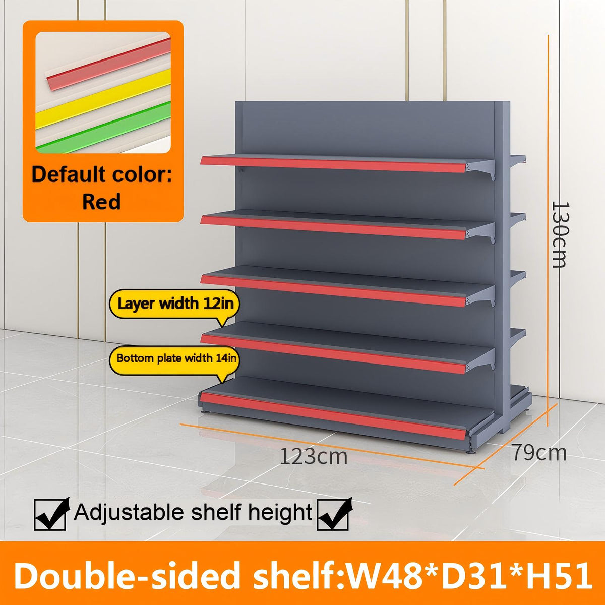 Black double-sided gondola shelving dimension diagram: W48 × D31 × H51 inches