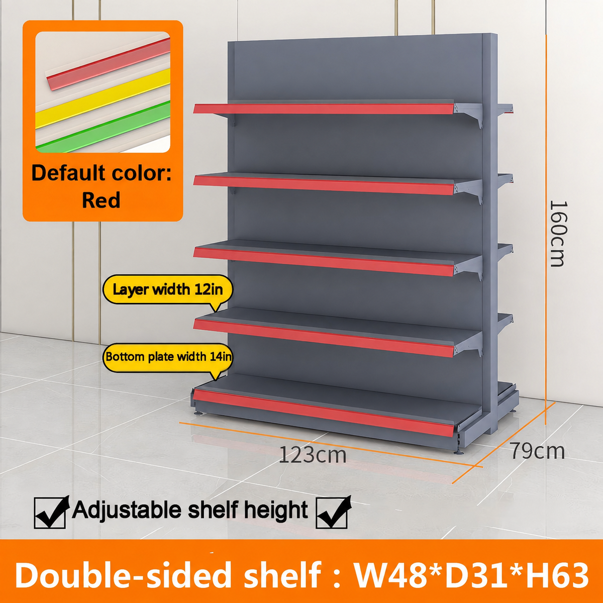 Black double-sided gondola shelving dimension diagram: W48 × D31 × H63 inches