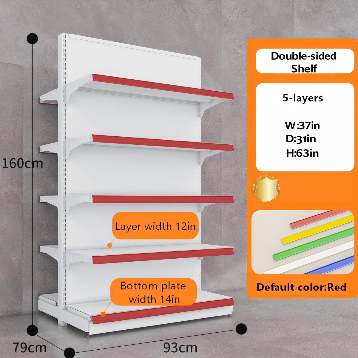 White double-sided gondola shelving dimension diagram: W37 × D31 × H63 inches