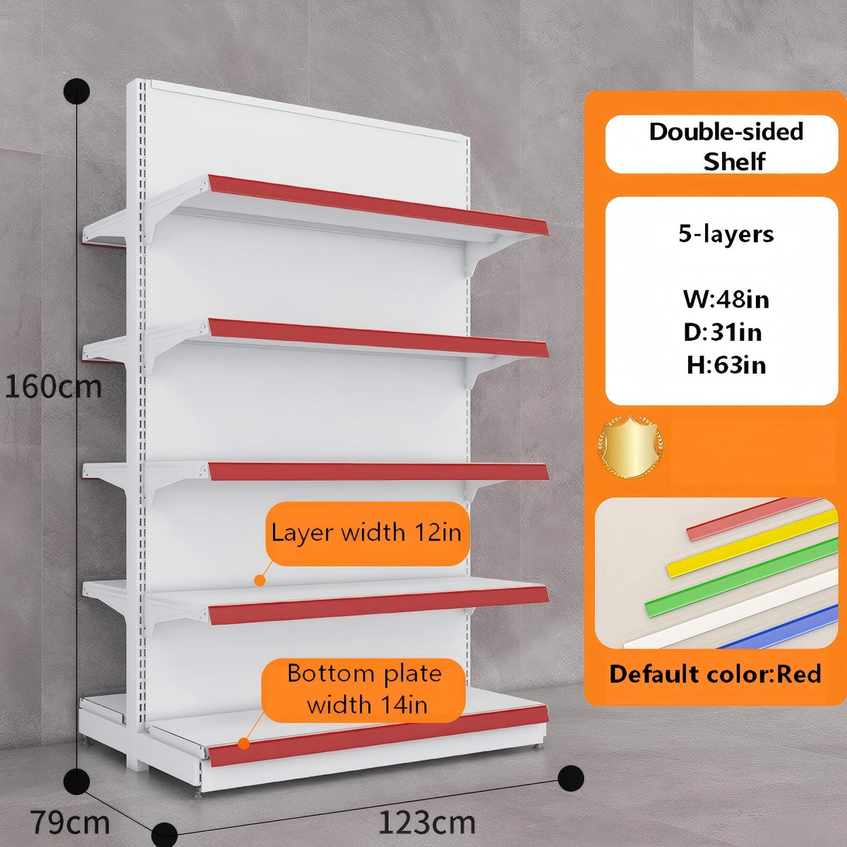 White double-sided gondola shelving dimension diagram: W48 × D31 × H63 inches