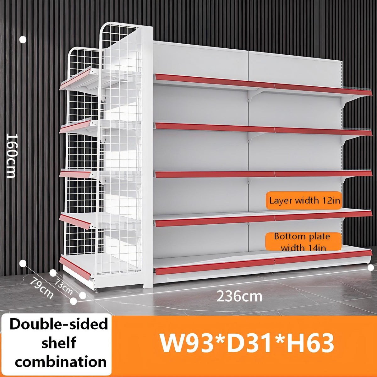 White double-sided combo gondola shelving dimension diagram: W93 × D31 × H63 inches
