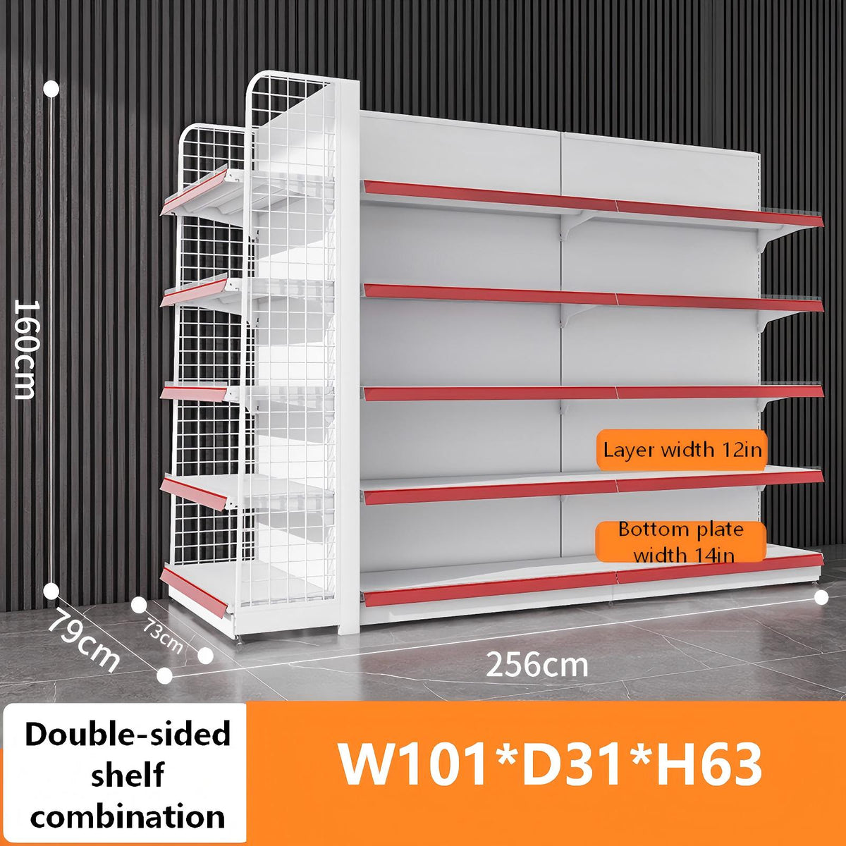 White double-sided combo gondola shelving dimension diagram: W101 × D31 × H63 inches