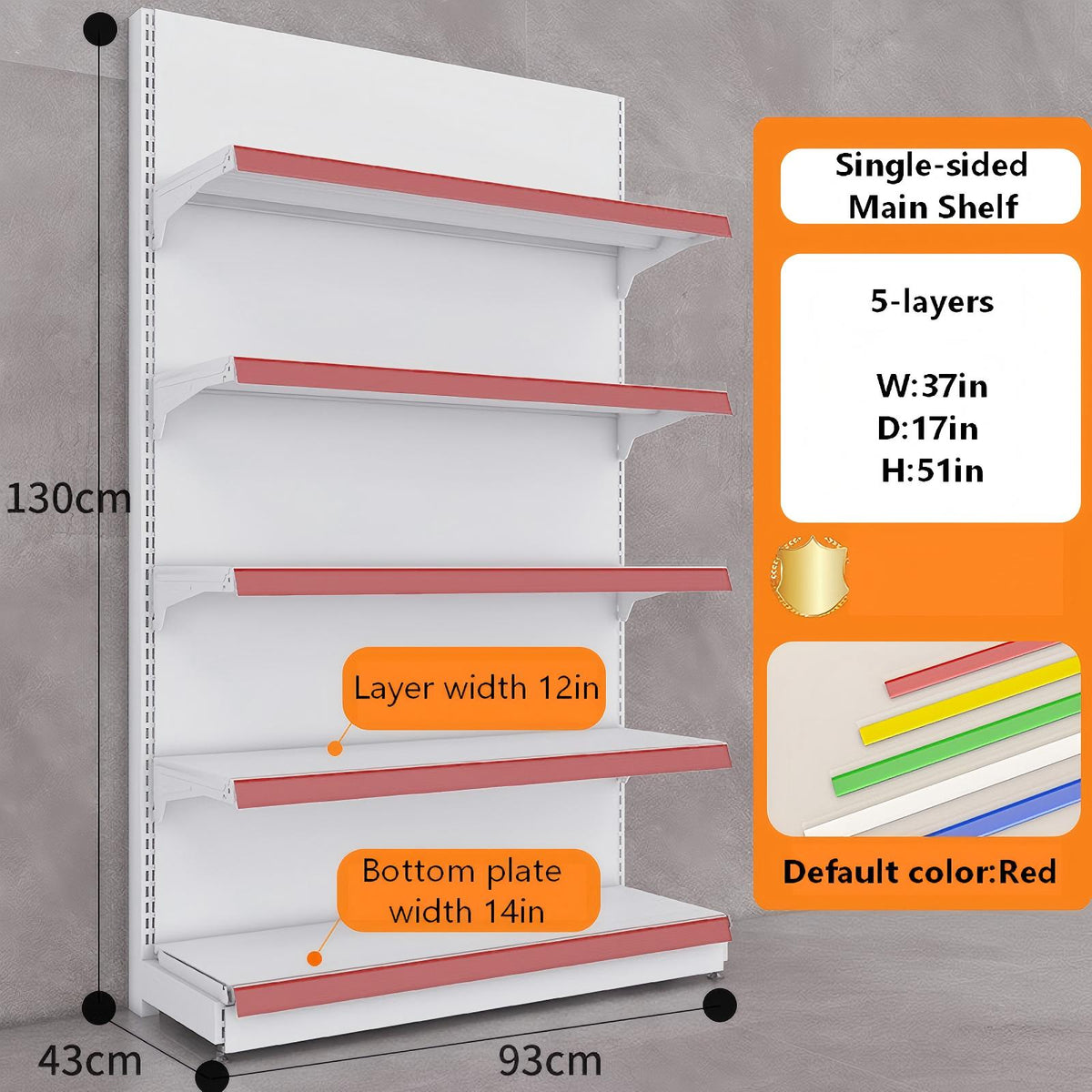 White single-sided gondola shelving dimension diagram: W37 × D17 × H51 inches