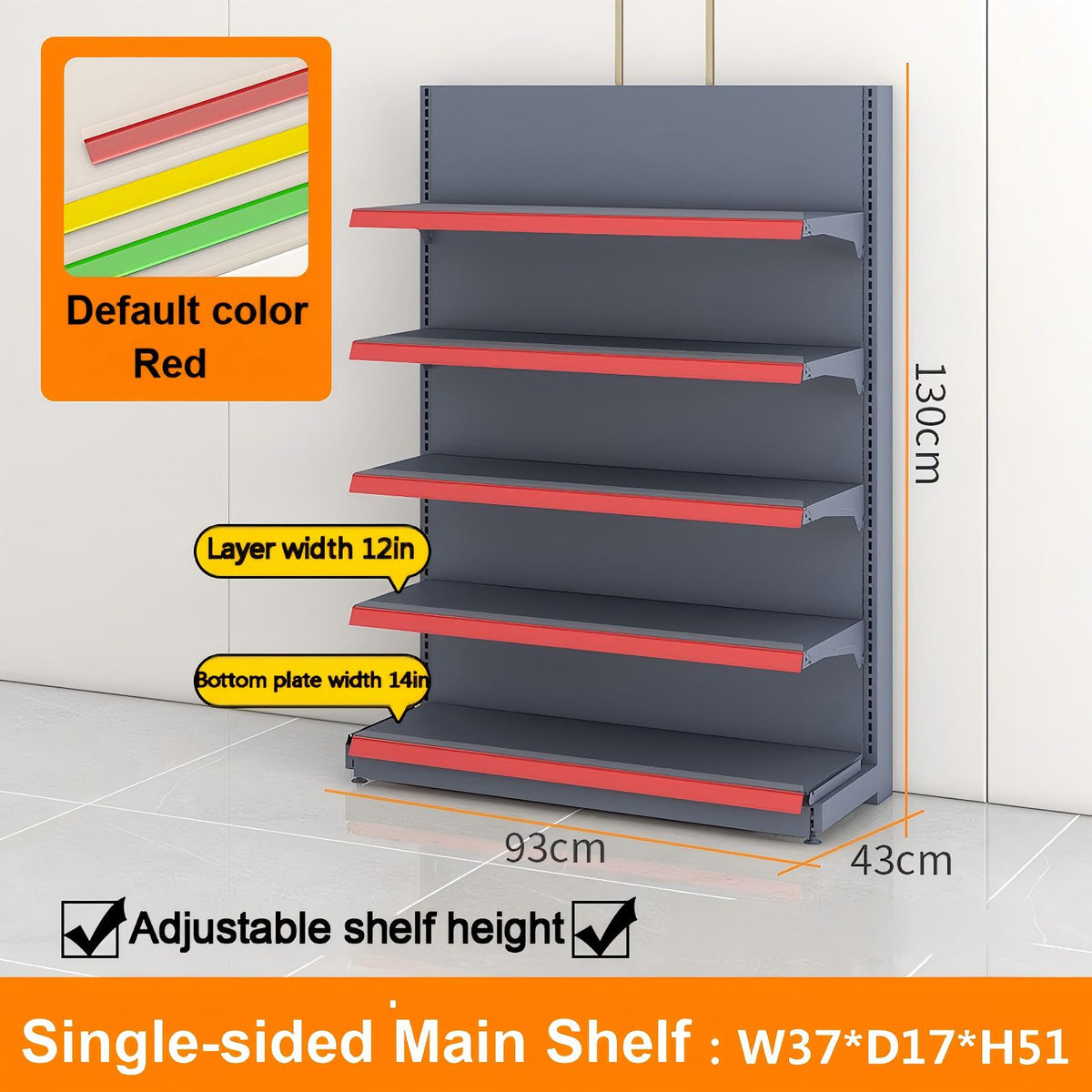 Black single-sided gondola shelving dimension diagram: W37 × D17 × H51 inches