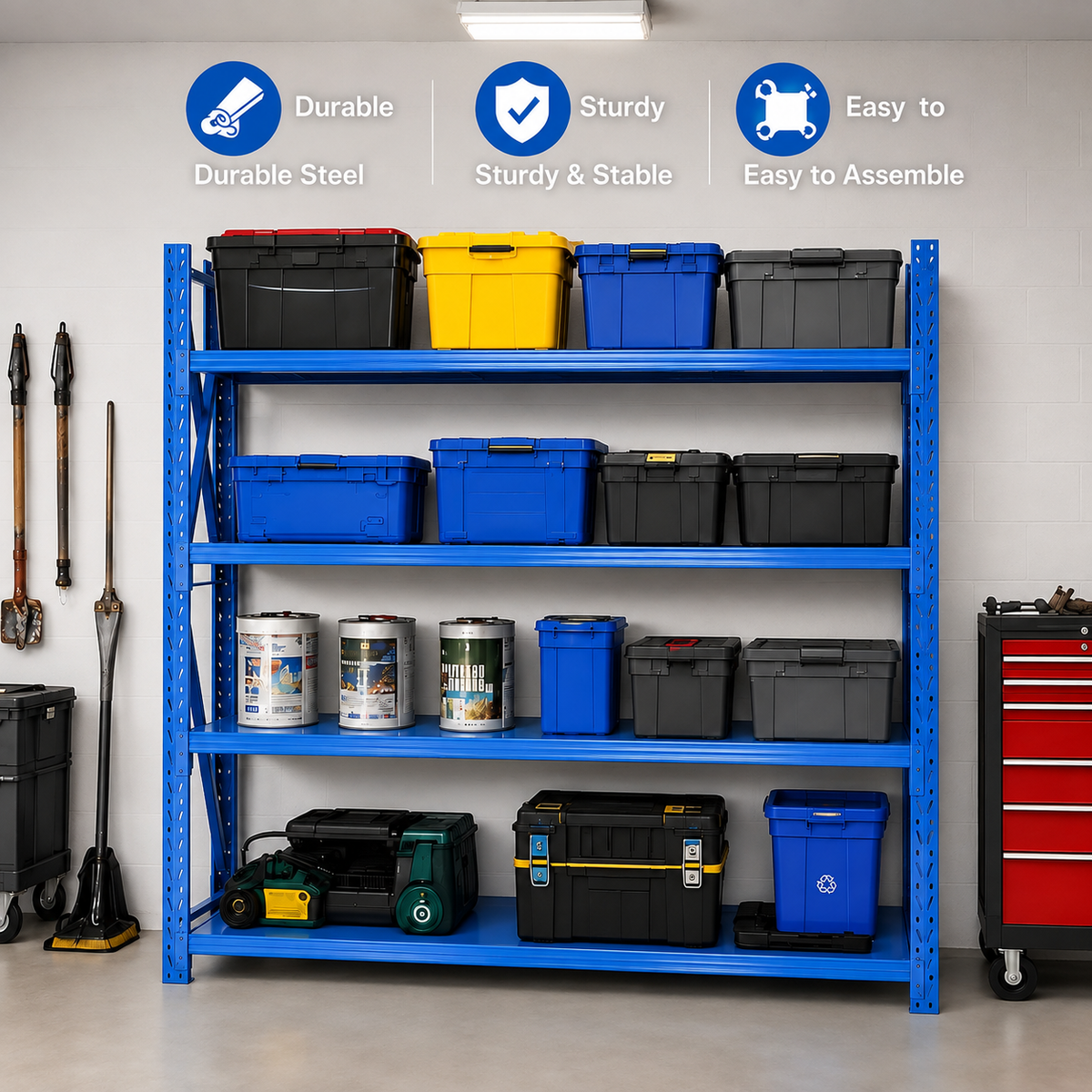 Blue heavy duty 4-tier steel shelving with storage bins and tools in a garage