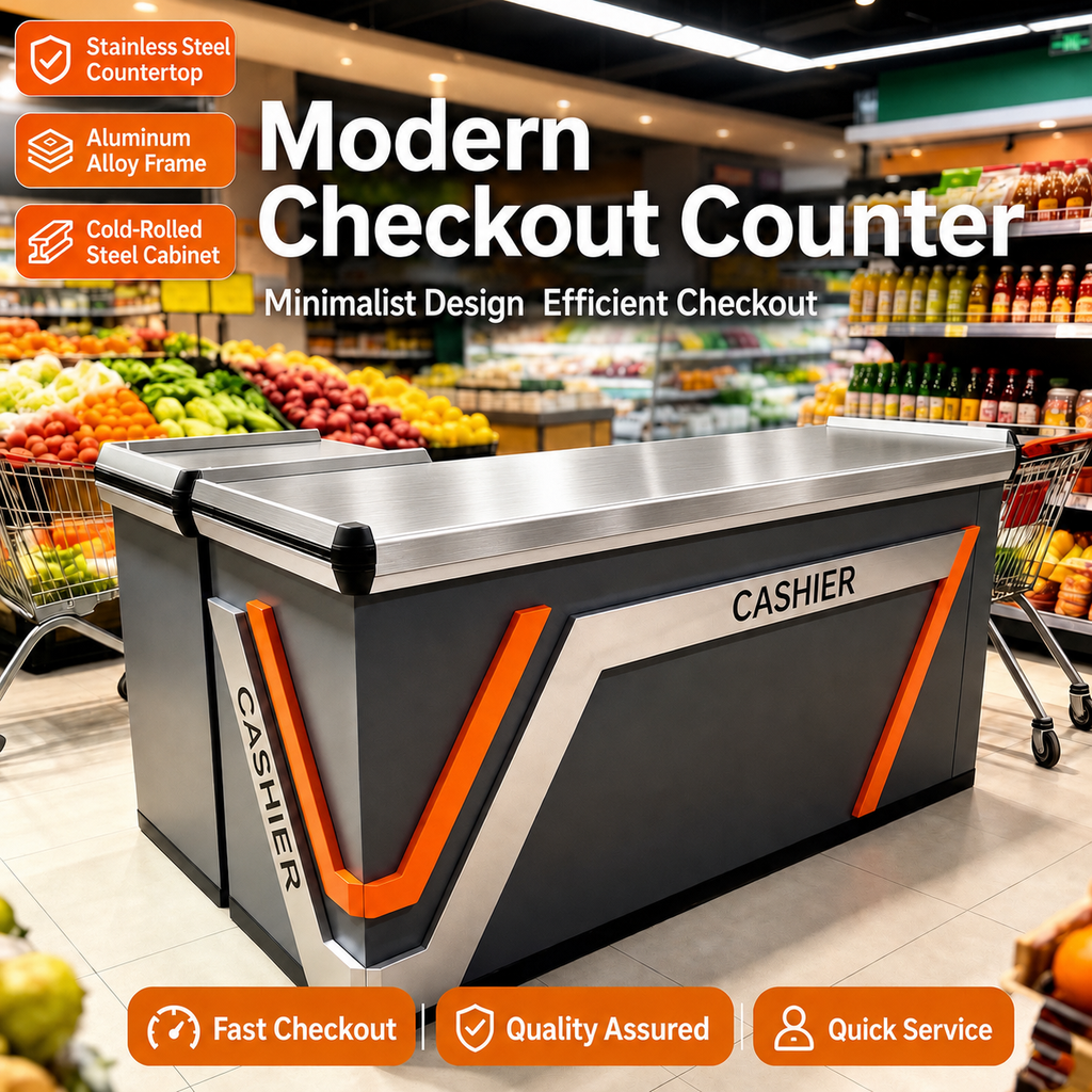 Premium Supermarket Checkout Counter, Fully Assembled Commercial Cashier Station with Stainless Steel Countertop for Grocery & Convenience Store