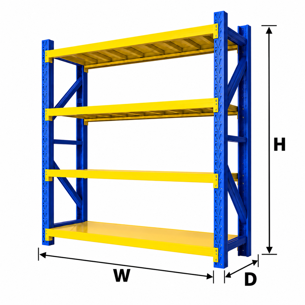 Heavy duty industrial metal storage shelving with labeled length, width and height dimensions