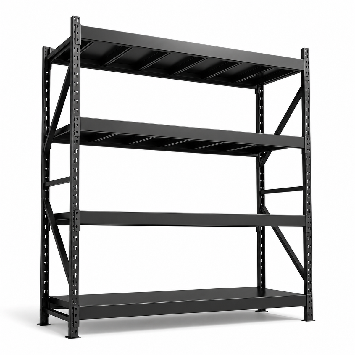 Black heavy duty 4-tier adjustable steel shelving rack with reinforced side braces
