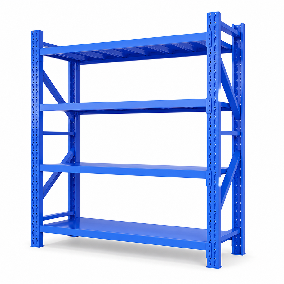 Blue heavy duty 4-tier adjustable steel shelving rack with reinforced side bracing