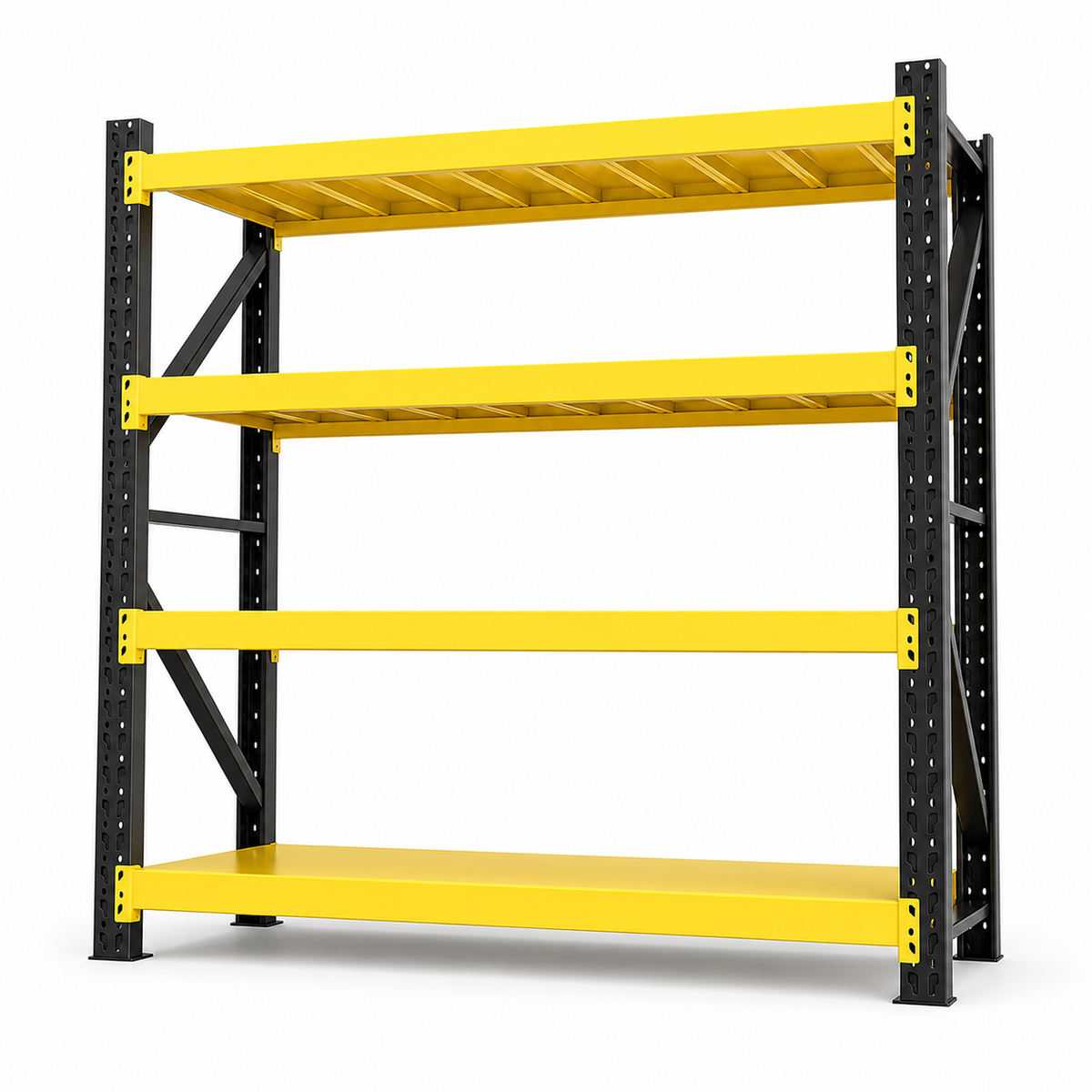 Black and yellow heavy duty 4-tier adjustable steel shelving rack with open shelves