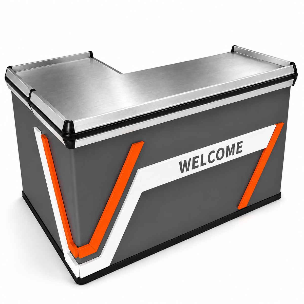 Front corner view of a checkout counter and extension with a stainless steel worktop