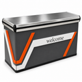 Straight retail checkout counter with orange trim and a stainless steel top