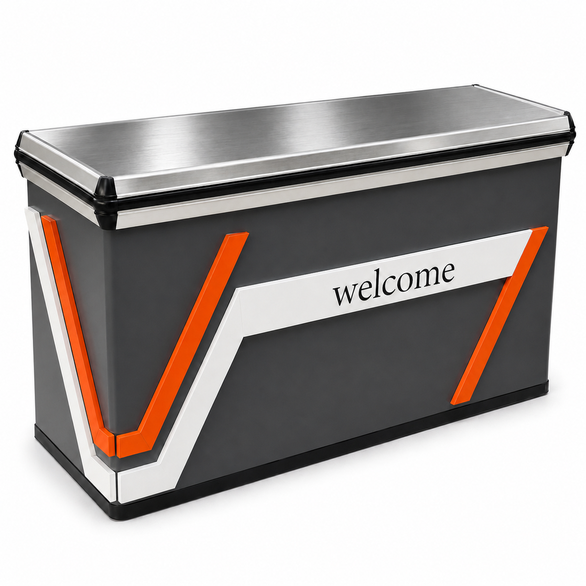 Straight retail checkout counter with orange trim and a stainless steel top
