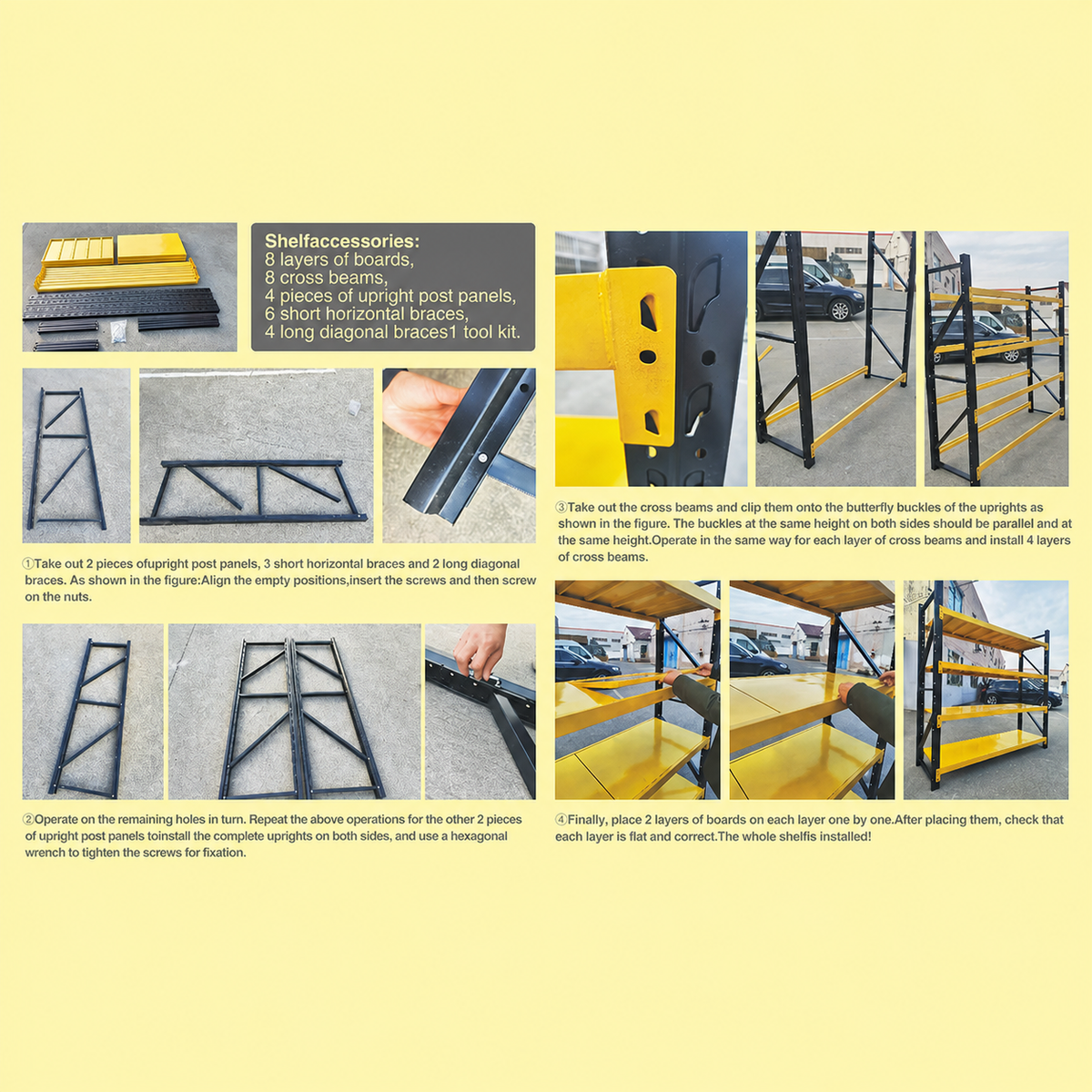 Heavy duty steel shelving assembly guide showing uprights, beams, braces and shelf panels