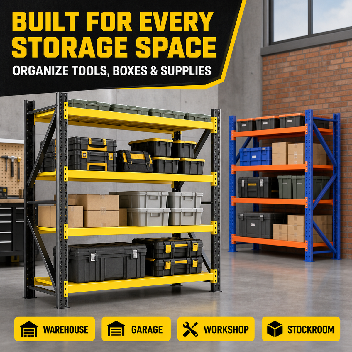Heavy duty steel shelving for warehouse, garage, workshop and stockroom storage