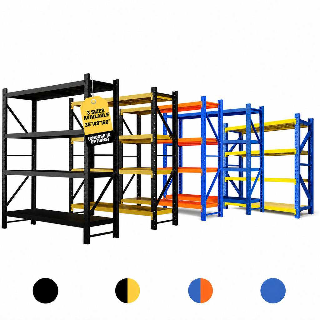 Heavy duty 4-tier adjustable steel shelving racks for garage and warehouse storage in multiple colors