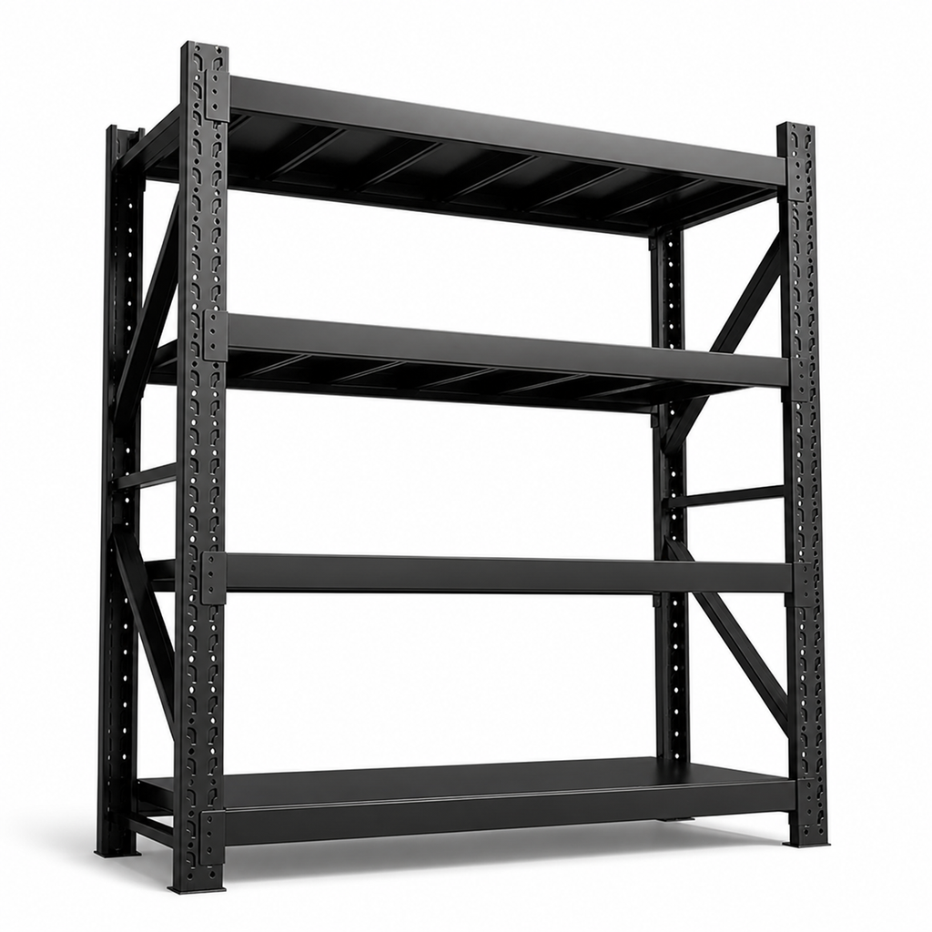 Black heavy duty 4-tier adjustable steel shelving rack with reinforced side braces