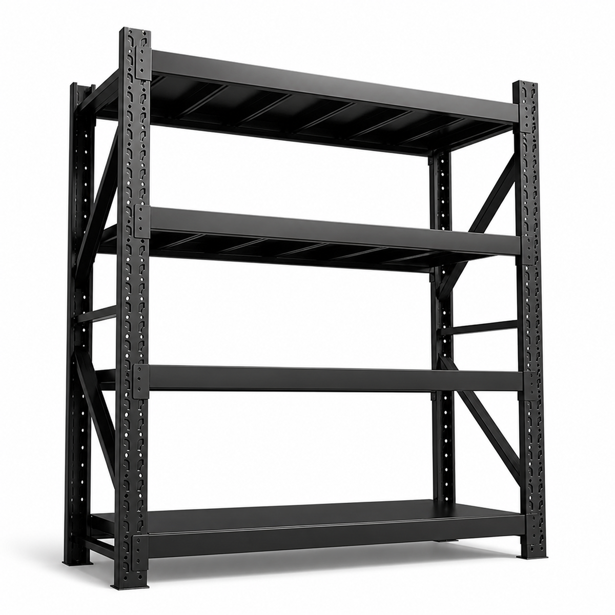 Black heavy duty 4-tier adjustable steel shelving rack with reinforced side braces