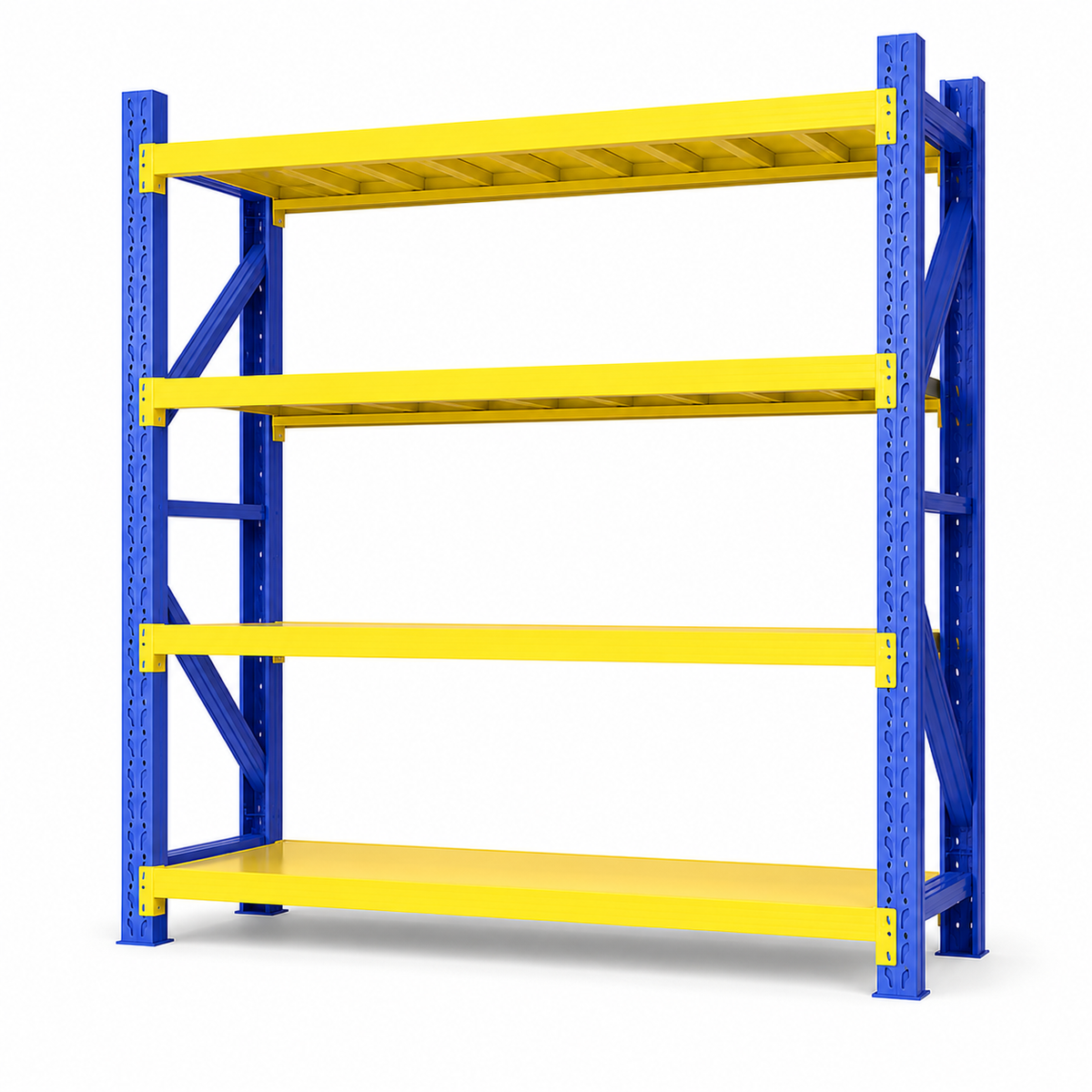 Blue and yellow heavy duty 4-tier adjustable steel shelving rack