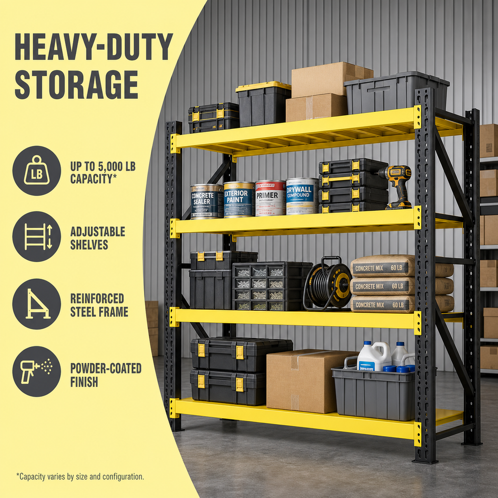 Black and yellow heavy duty adjustable steel shelving with reinforced frame for warehouse and garage storage