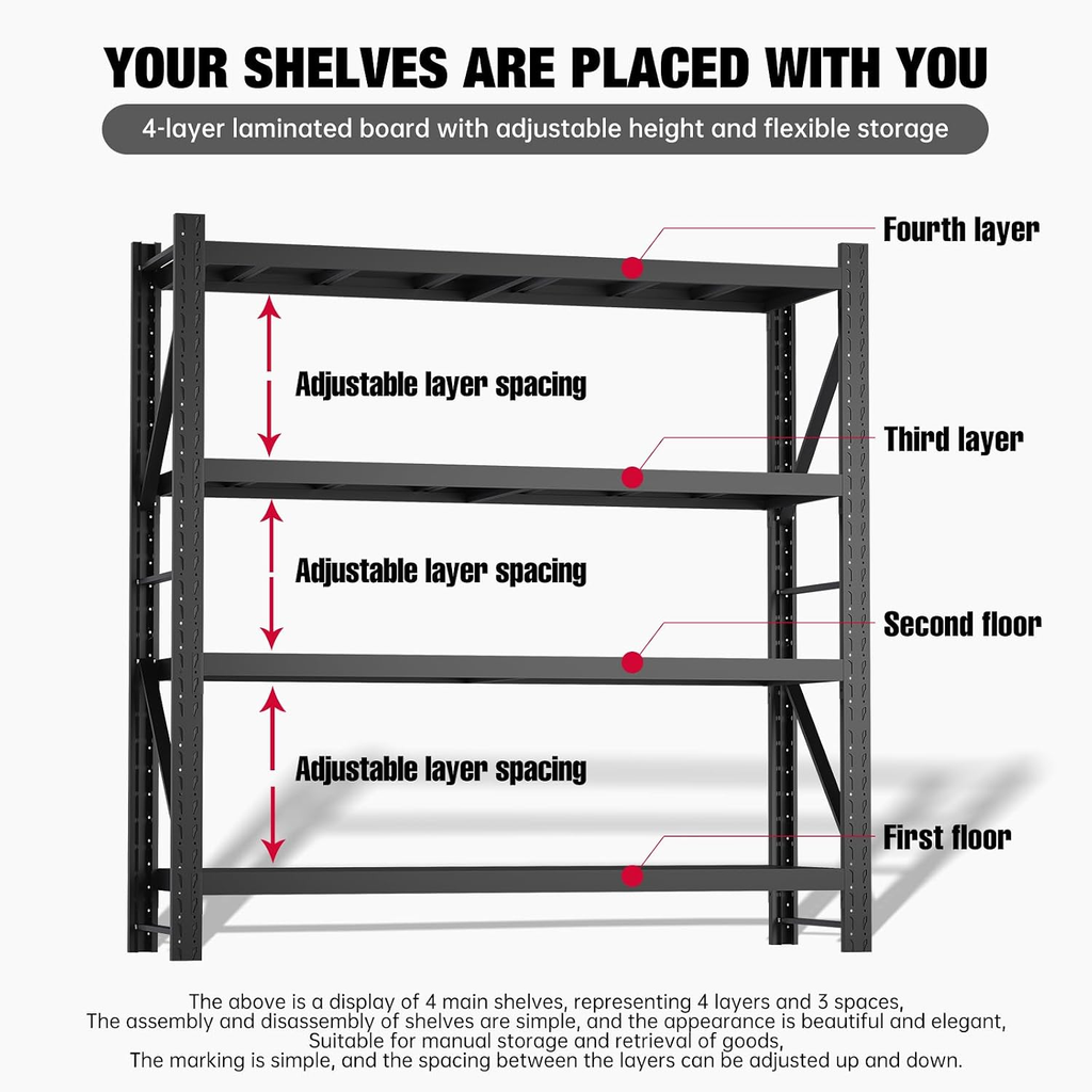 Four-tier adjustable steel shelving with customizable shelf spacing for flexible storage